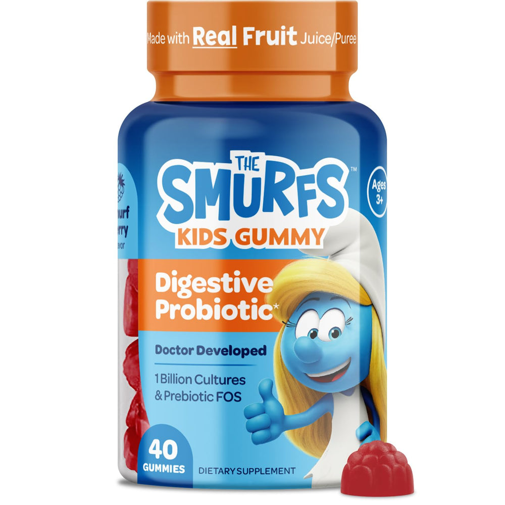 Vitaburst Smurfs Gummies bottle top view shows a kid-friendly daily gut-support option.