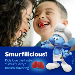 Vitaburst Smurfs Gummies packaging front showcases non-GMO and doctor-developed formulation.
