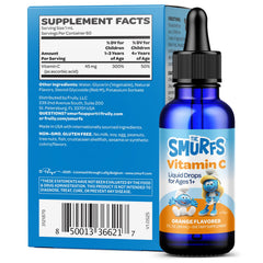 VITABURST Smurfs liquid vitamin C drops showing 45 mg dose for daily use.