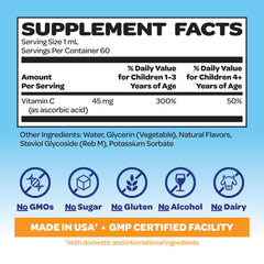 VITABURST Smurfs vitamin C kids drops label close-up, no artificial flavors.