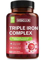 Vitacook iron supplement bottle displaying the vegan 3-in-1 formula for gentle iron support