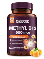 Vitacook Vitamin B12 sublingual peach tablets close-up for daily wellness.