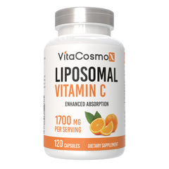VitaCosmoX liposomal vitamin C bottle highlighting high absorption for daily use