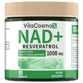 VitaCosmoX NAD+ with Resveratrol bottle on shelf signaling premium wellness packaging for daily use