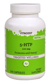 Vitacost 5-HTP bottle front showing 240 capsules for daily mood support possibilities.