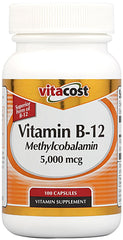 Vitacost B-12 Methylcobalamin 5000 mcg bottle highlights high-potency energy support