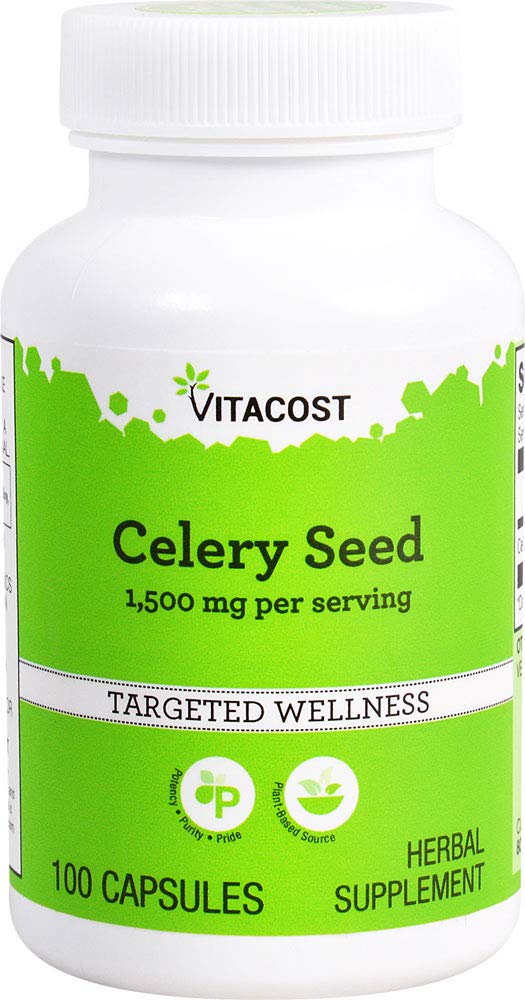 Vitacost Celery Seed bottle shows 1,500 mg per serving for daily supplement routines, allergen-free.