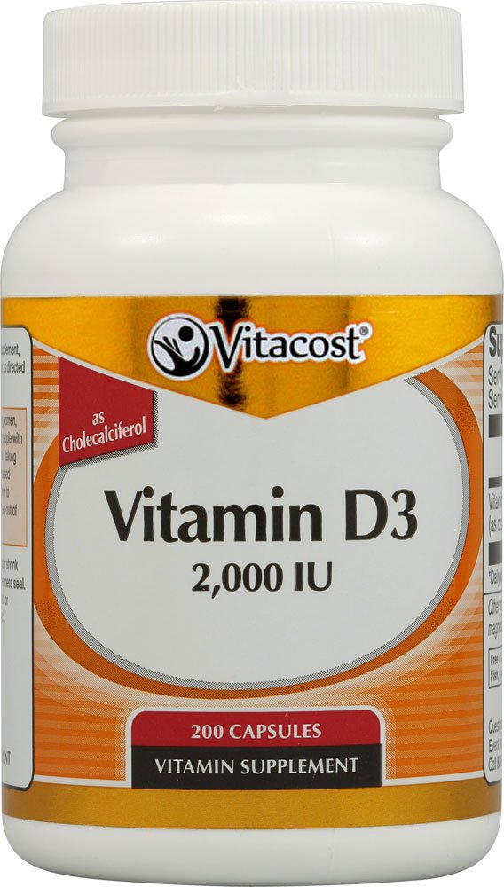 Vitacost Vitamin D3 bottle with capsules, supports bone health and immune function.