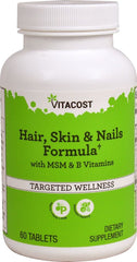 Vitacost Hair, Skin & Nails Formula bottle pour showing easy-to-swallow tablets for daily use