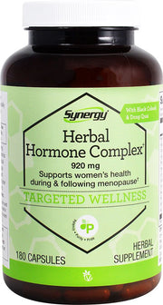 Vitacost Herbal Hormone Complex bottle pour demonstrates soothing herbal blend for menopause support.