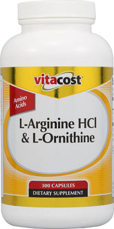 Vitacost L-Arginine HCl & L-Ornithine bottle highlighting NSF-certified quality and value