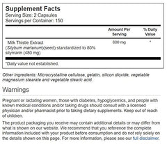 Vitacost Milk Thistle Extract capsules close-up highlighting 150 servings per bottle for daily use.