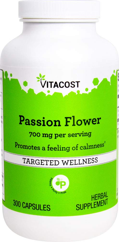 Vitacost Passion Flower bottle showing 700 mg per serving; calming herbal option for occasional restlessness.
