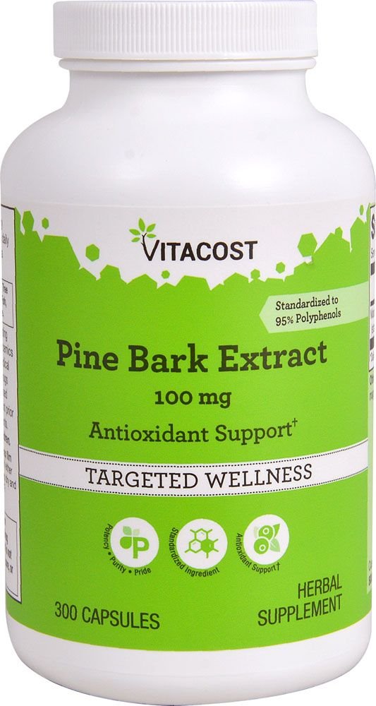 Vitacost Pine Bark Extract bottle showing high-potency OPCs for antioxidant support.