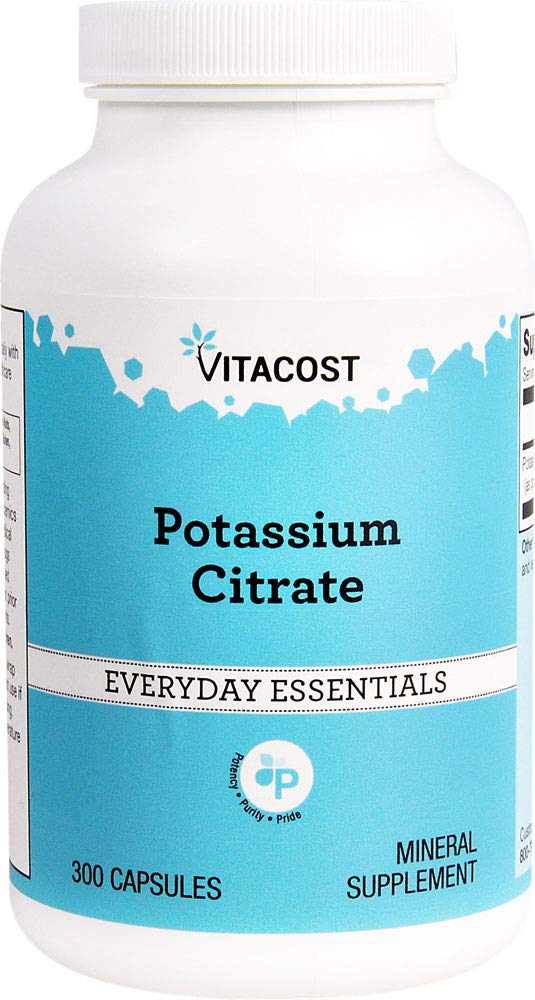 Vitacost Potassium Citrate bottle; supports electrolyte balance and energy production.