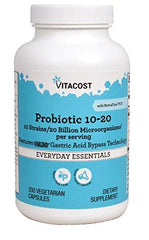 Vitacost Probiotic 10-20 bottle close-up showing 20B CFU and prebiotic support for gut balance