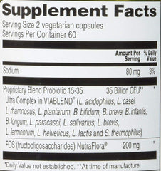 Vitacost Probiotic 15-35 capsules closeup, 120 vegetarian capsules for digestive support.