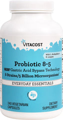 Vitacost Probiotic 8-5 bottle showing 5 billion CFUs per serving for daily gut support.