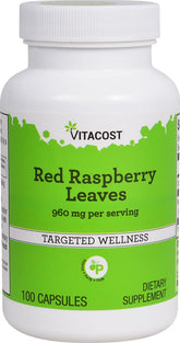 Vitacost Red Raspberry Leaves bottle with 960 mg serving supports daily wellness.