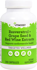 Vitacost Resveratrol bottle with capsules for antioxidant support.