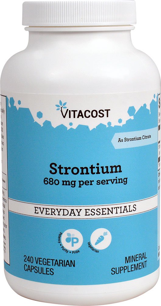 Vitacost Strontium bottle and label highlighting 680 mg per serving, bone-support potential.