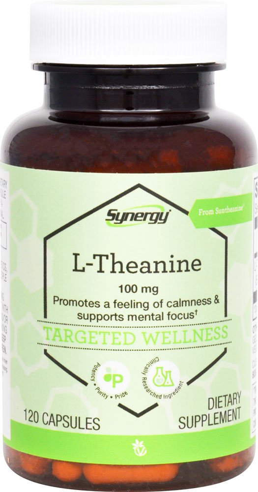 Vitacost Synergy L-Theanine bottle for calm focus.