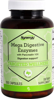 Vitacost Synergy Mega Digestive Enzymes bottle showing packaging for easy digestion support.
