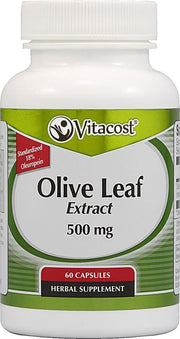 Vitacost Synergy Olive Leaf Extract bottle showing 500 mg capsules for daily antioxidant support.