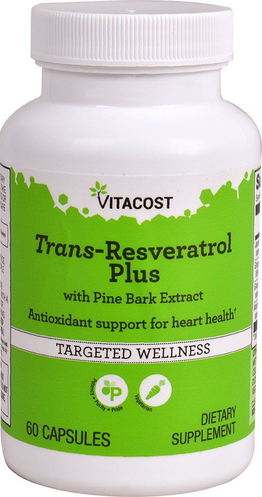 Vitacost Trans-Resveratrol Plus bottle pour showing antioxidant support for daily wellness.