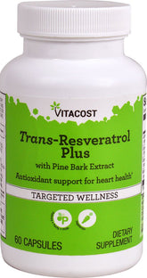 Vitacost Trans-Resveratrol Plus bottle pour showing antioxidant support for daily wellness.