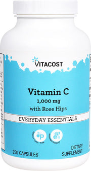 Vitacost Vitamin C with Rose Hips bottle showing 250 capsules for daily immune support.