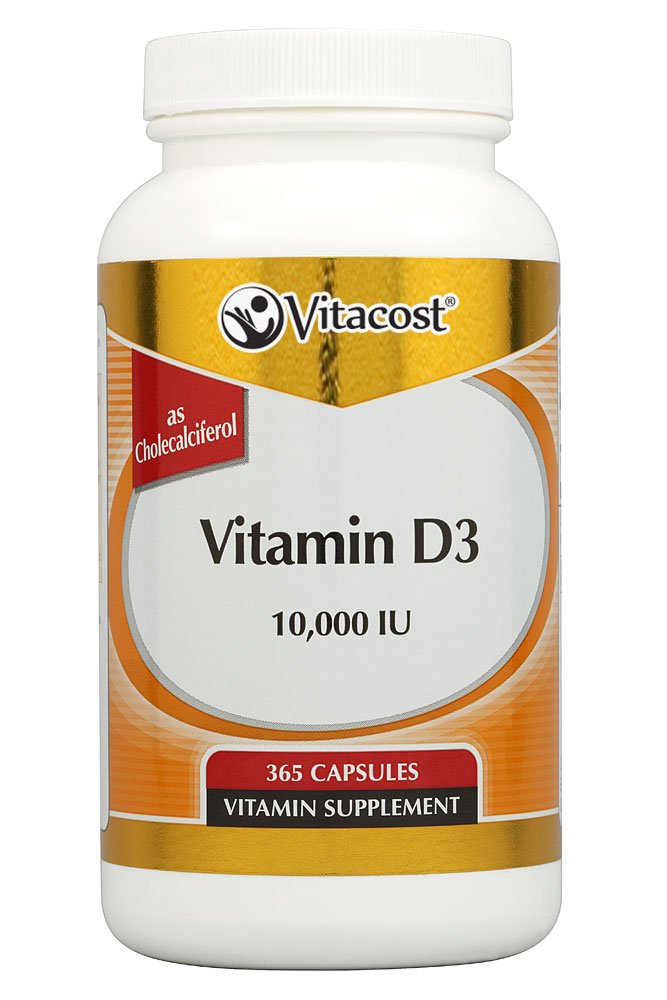 Vitacost Vitamin D3 bottle with 10000 IU highlighting the product and potency