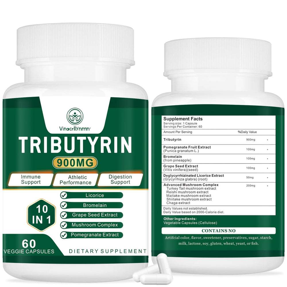 VITACRLLYNMN Tributyrin capsule close-up indicating gut support potential.