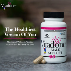Vitadone Male Support label closeup highlights key ingredients for balance.