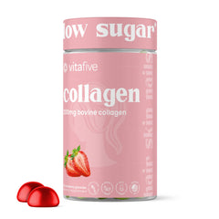 Vitafive collagen gummies jar closeup for daily skin and hair support