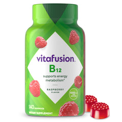 Vitafusion B12 gummy bottle with raspberry flavor for energy support