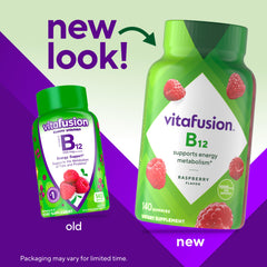 Close-up of Vitafusion B12 gummies in raspberry flavor for energy support