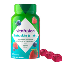 Vitafusion Gorgeous Hair Skin Nails bottle with raspberry gummies for daily beauty support