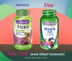 Vitafusion bottle back label with ingredients and dosage guidance.