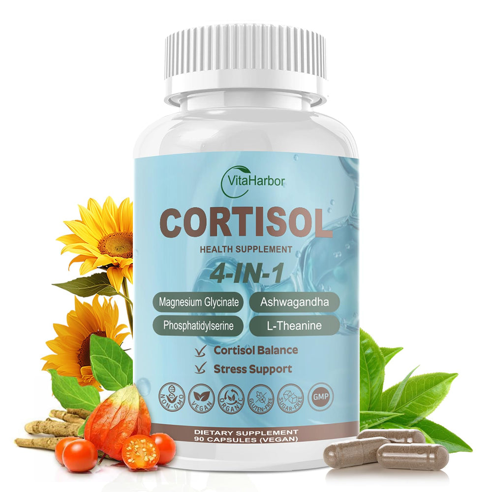 VitaHarbor cortisol supplement bottle for daily calm support.