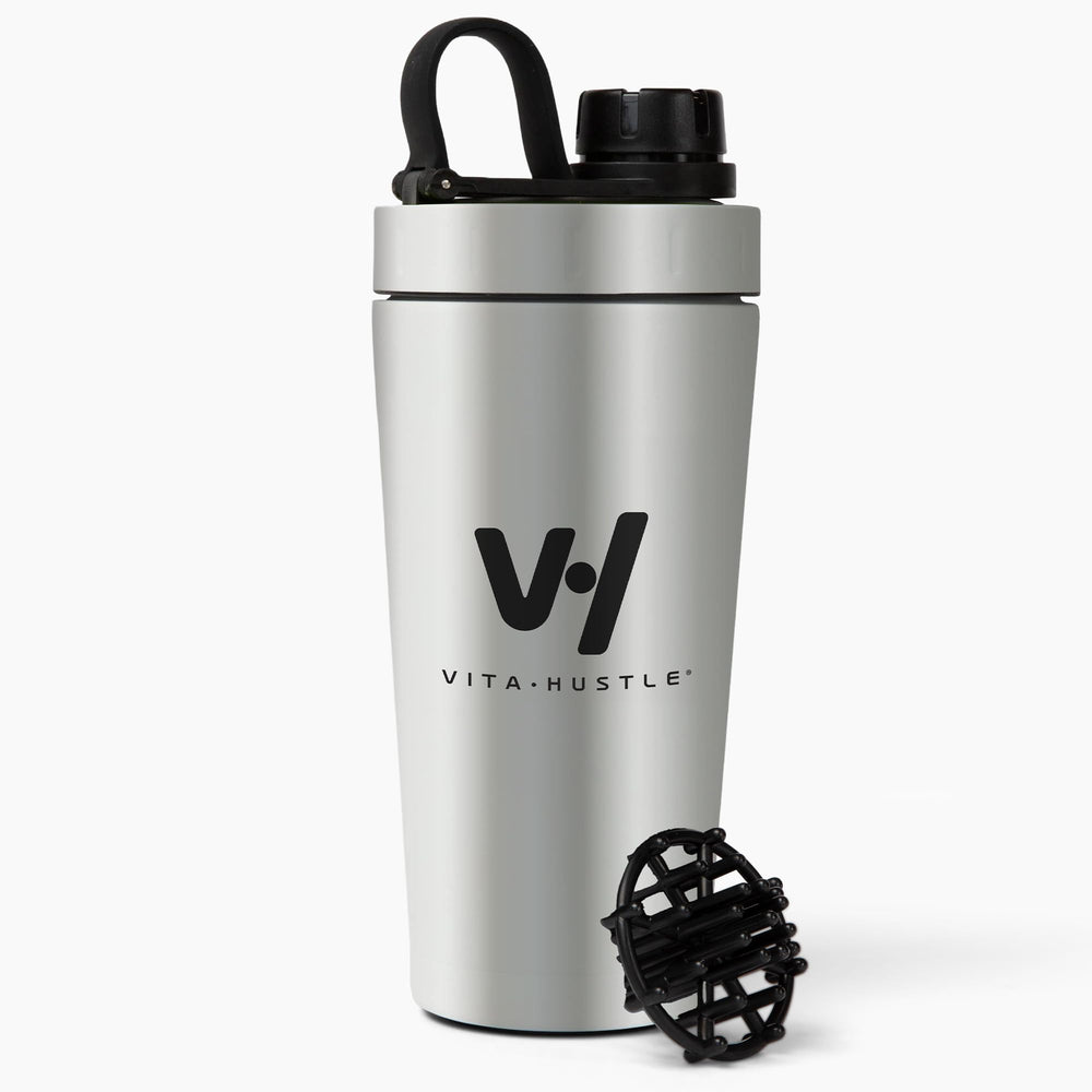 VitaHustle 20oz shaker cap demonstrates secure twist-cap for spill-free workouts.