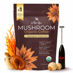 Vital Ace mushroom coffee pack showing organic blend for clean energy and focus