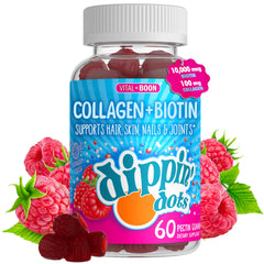 Vital+Boon Dippin' Dots raspberry bottle with gummies for hair and nails.