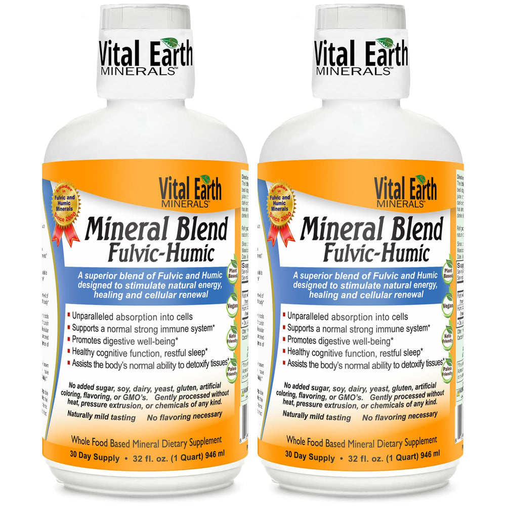 Vital Earth Minerals fulvic humic liquid bottle front showing 70+ minerals for daily mineral intake