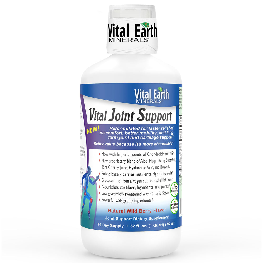 Vital Earth Minerals liquid joint support bottle front promotes daily joint comfort