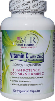 Vital Health Remedies VHR Vitamin C 1000 mg bottle label shows high-potency immune support potential.