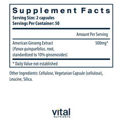 Vital Nutrients American Ginseng capsules front view indicating daily energy focus
