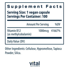 Vital Nutrients B12 1000mcg capsules highlight high potency for nerve support