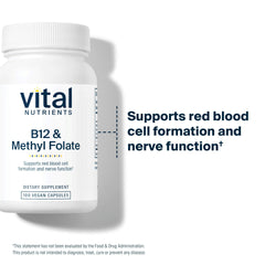 Vital Nutrients B12 methylcobalamin label close-up emphasizes clean vegan formula.
