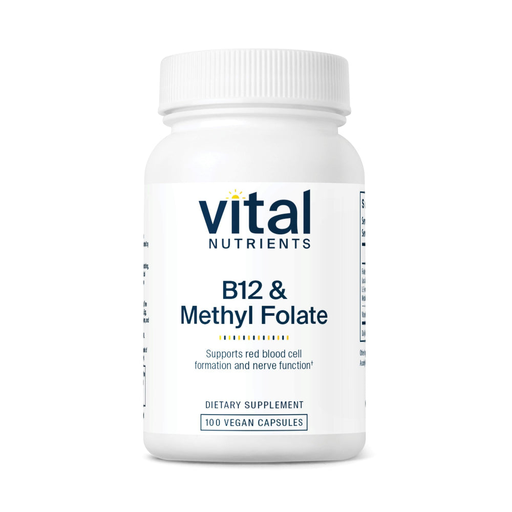 Vital Nutrients B12 and Methyl Folate bottle pour supports easy daily supplementation.